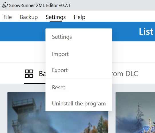 Settings menu